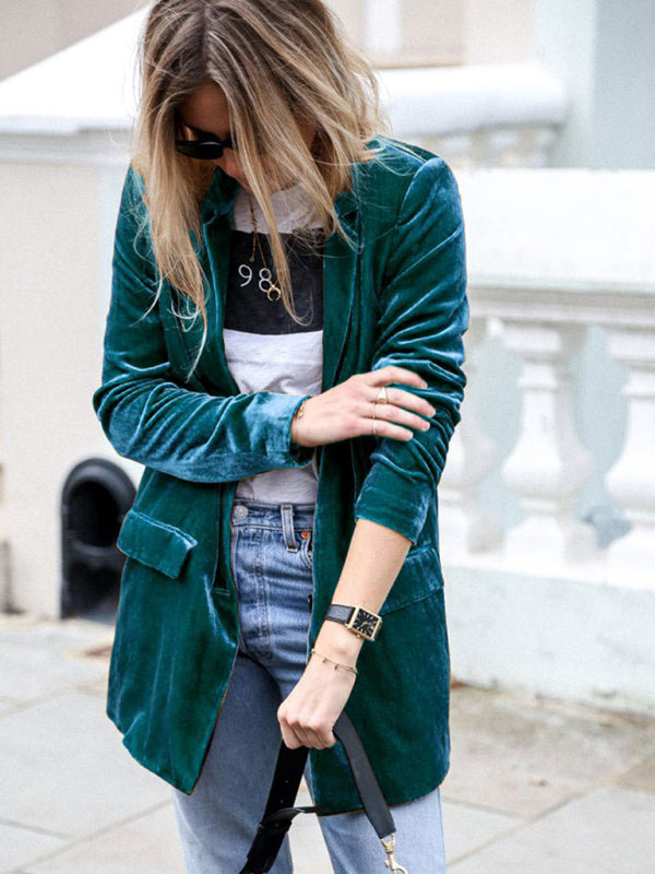 Velvet Blazers- Velvet Mid-Length Jacket Blazer Tailored for Autumn- Peacock blue- Pekosa Women Clothing