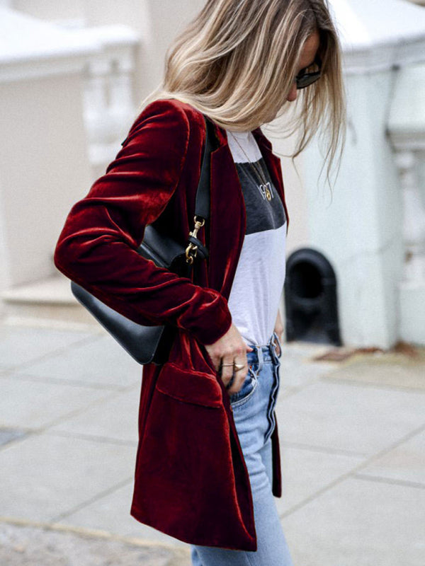 Velvet Blazers- Velvet Mid-Length Jacket Blazer Tailored for Autumn- - Pekosa Women Clothing
