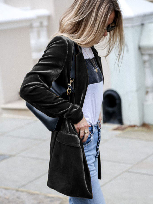 Velvet Blazers- Velvet Mid-Length Jacket Blazer Tailored for Autumn- - Pekosa Women Clothing
