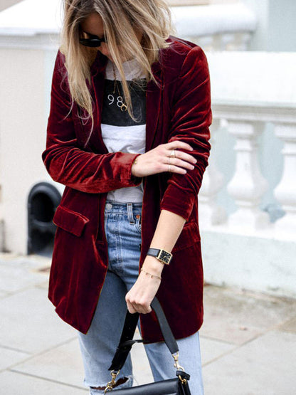 Velvet Blazers- Velvet Mid-Length Jacket Blazer Tailored for Autumn- Wine Red- Pekosa Women Clothing