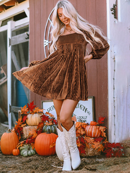 Velvet Dresses- Velvet Corduroy Golden Empire Dress - Square Neck Elegance with Lantern Sleeves- - Pekosa Women Clothing