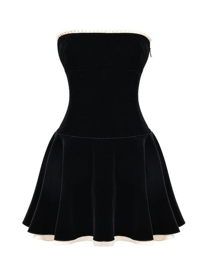 Velvet Dresses- Vintage Couture Strapless Tube Mini Dress in Velvet with Lace-Up Back- - Pekosa Women Clothing