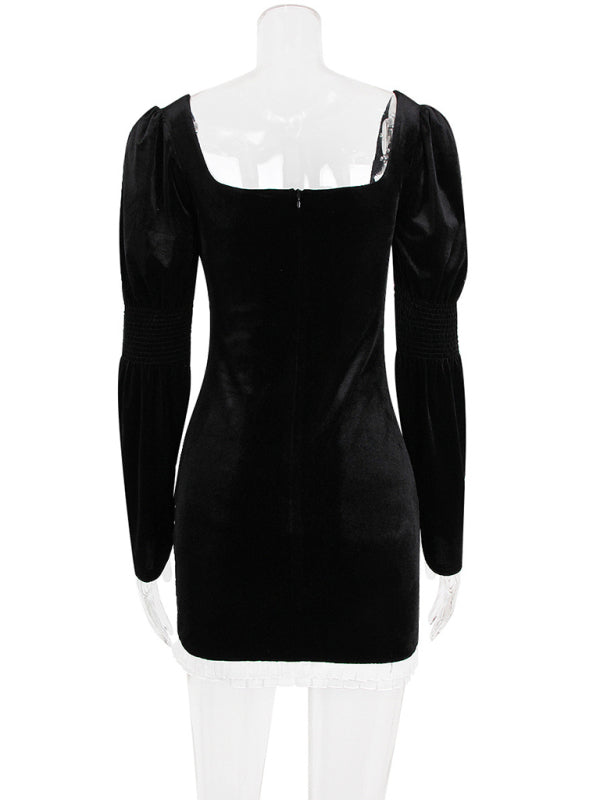 Velvet Dresses- Vintage-Inspired Square Neck Mini Dress Velvet & Puff Sleeves- - Pekosa Women Clothing