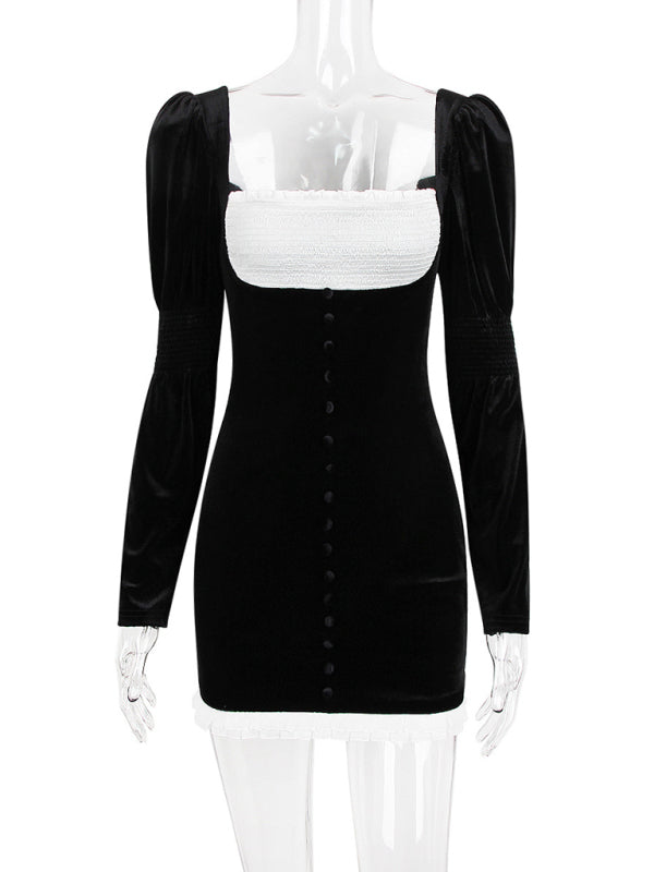 Velvet Dresses- Vintage-Inspired Square Neck Mini Dress Velvet & Puff Sleeves- - Pekosa Women Clothing