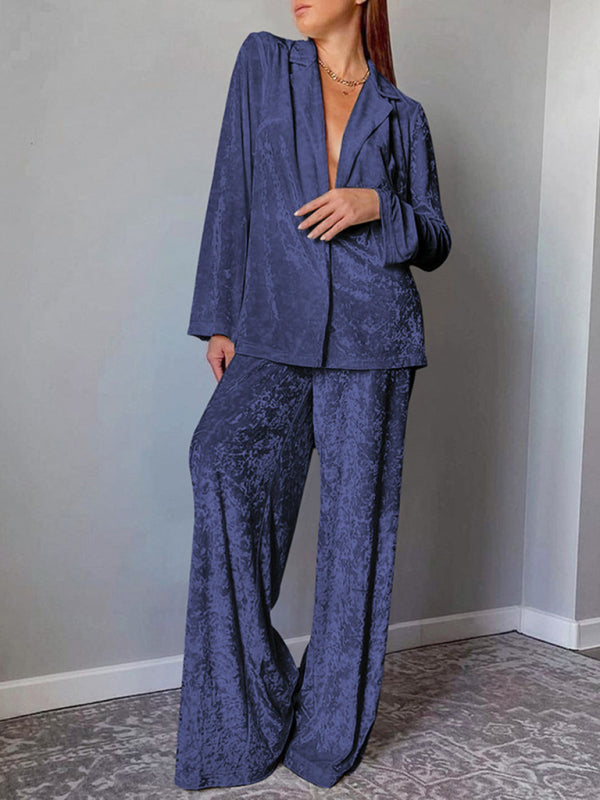 Velvet Outfits- Velvet Blazer Jacket & Elastic Waist Pants - 2-Piece Cozy Lounge- Blue- Pekosa Women Clothing