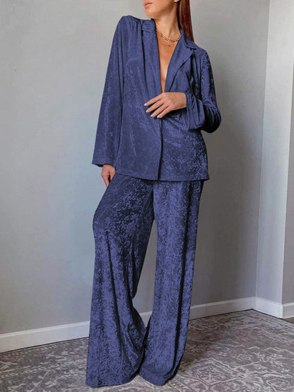 Velvet Outfits- Velvet Blazer Jacket & Elastic Waist Pants - 2-Piece Cozy Lounge- Blue- Pekosa Women Clothing