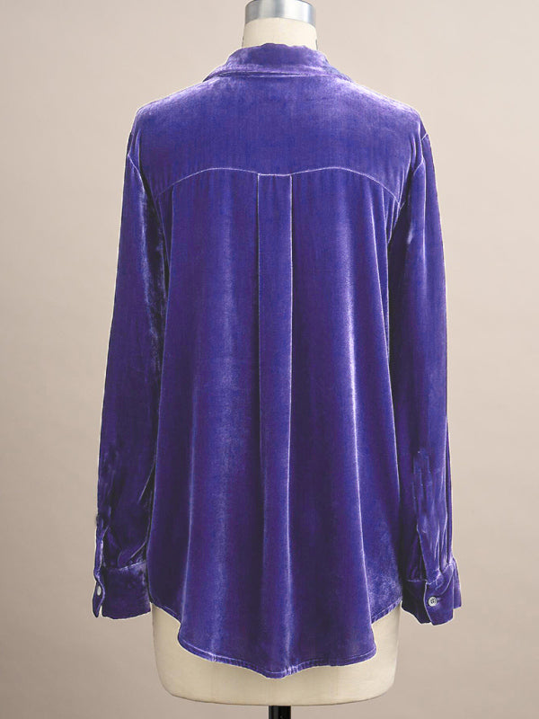 Velvet Shirts- Holiday Oversized Golden Velvet Couture Shirt for Winter- - Pekosa Women Clothing