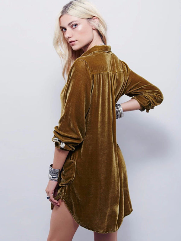 Velvet Tops- Autumn Winter Velvet Mid-Length Long Sleeve Collared Shirt Top- - Pekosa Women Clothing