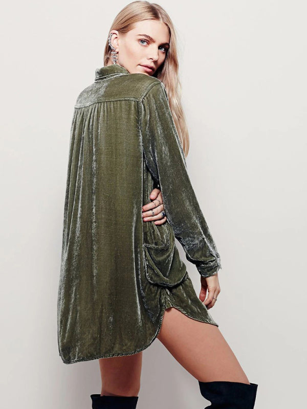 Velvet Tops- Autumn Winter Velvet Mid-Length Long Sleeve Collared Shirt Top- - Pekosa Women Clothing