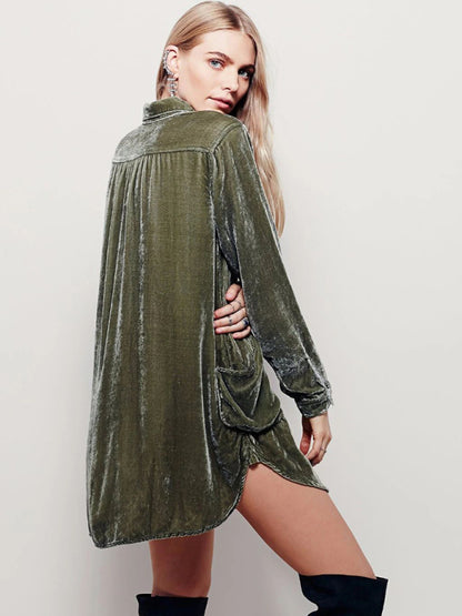 Velvet Tops- Autumn Winter Velvet Mid-Length Long Sleeve Collared Shirt Top- - Pekosa Women Clothing