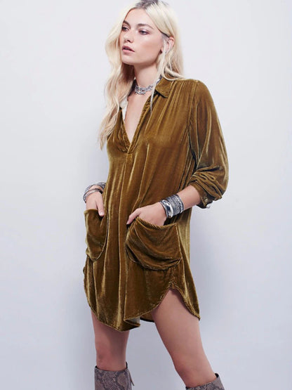 Velvet Tops- Autumn Winter Velvet Mid-Length Long Sleeve Collared Shirt Top- Yellow- Pekosa Women Clothing