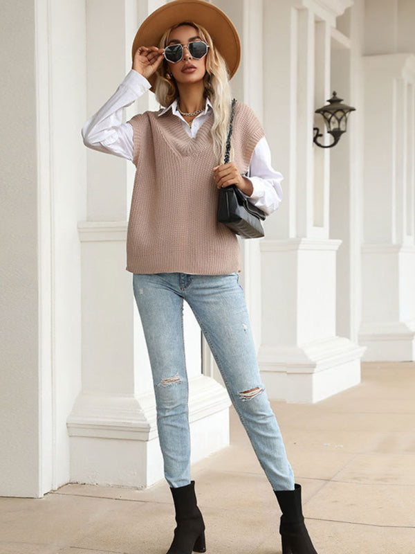 Vest Sweaters- Winter Office Solid-Knitted Waffle Vest V-Neck Sweater- - Pekosa Women Clothing