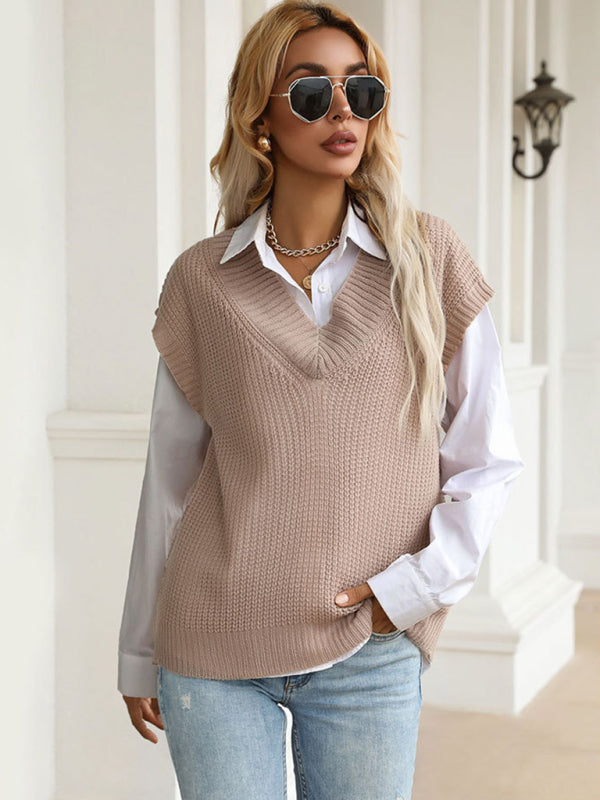 Vest Sweaters- Winter Office Solid-Knitted Waffle Vest V-Neck Sweater- - Pekosa Women Clothing