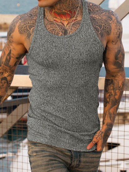 Vests- Men’s Essential Ribbed Sleeveless Vest - Racerback Tank Top- Grey- Pekosa Women Clothing