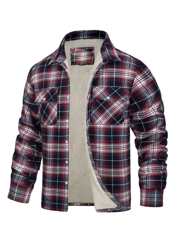 Warmer Jackets- Winter Men’s Fleece-Lined Flap Jacket in Plaid- Pattern4- Pekosa Women Clothing