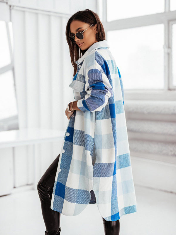 Windbreakers- Longline Shacket Windbreaker - Mid-Length Fall Plaid Wool Jacket- - Pekosa Women Clothing