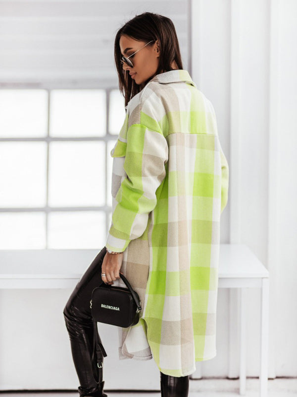 Windbreakers- Longline Shacket Windbreaker - Mid-Length Fall Plaid Wool Jacket- - Pekosa Women Clothing