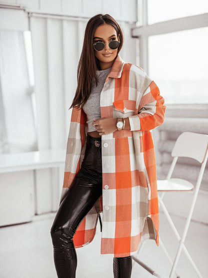 Windbreakers- Longline Shacket Windbreaker - Mid-Length Fall Plaid Wool Jacket- Orange Red- Pekosa Women Clothing