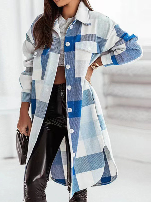 Windbreakers- Longline Shacket Windbreaker - Mid-Length Fall Plaid Wool Jacket- Blue- Pekosa Women Clothing