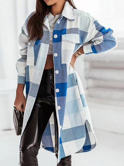 Windbreakers- Longline Shacket Windbreaker - Mid-Length Fall Plaid Wool Jacket- Blue- Pekosa Women Clothing