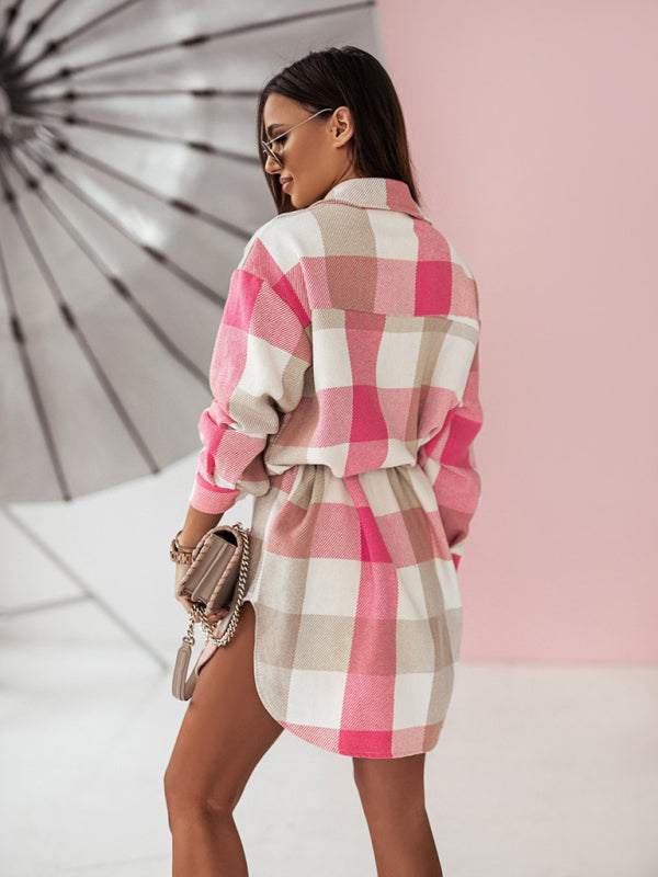 Windbreakers- Longline Shacket Windbreaker - Mid-Length Fall Plaid Wool Jacket- - Pekosa Women Clothing