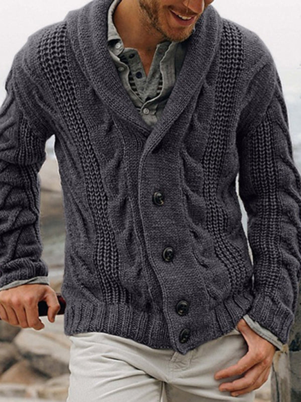 Winter Cardigans- Men's Shawl Collar Cardigan | Button-Up Cable Knit Sweater- Charcoal grey- Pekosa Women Clothing