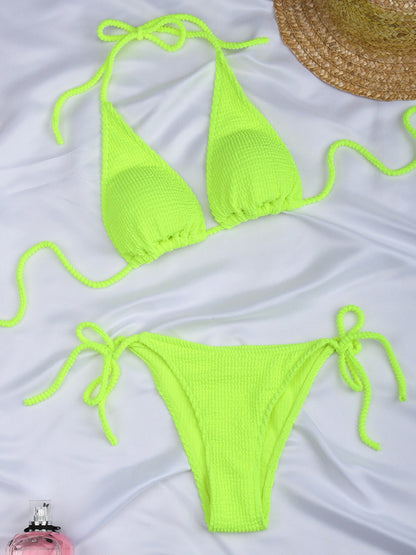 Wireless Bikini Set- Textured 2 Piece Bikini Tie-Side Thong and Triangle Bra- - Pekosa Women Clothing