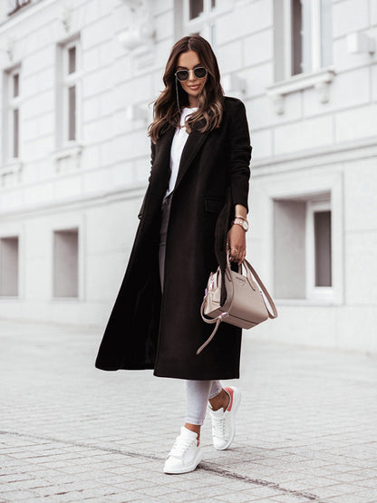 Wrap Coat- Solid Wool Lapel Collar Belted Wrap Coat- - Pekosa Women Clothing