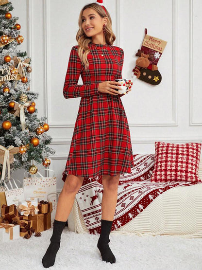 Xmas Dresses- Holiday Season Essential: Plaid Christmas Dress with Long Sleeves- - Pekosa Women Clothing
