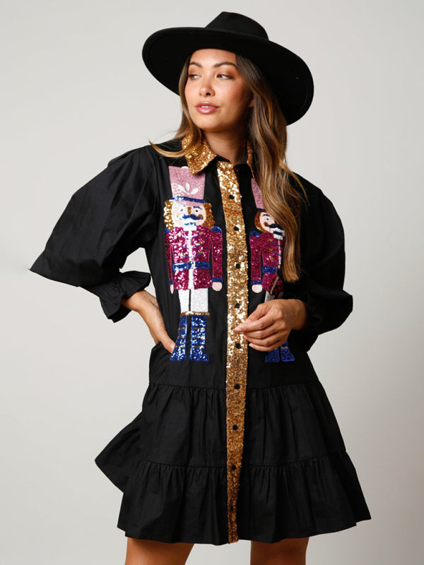 Xmas Dresses- Seasonal Sparkle Christmas Long Sleeve Sequin Patchwork Xmas Dress- Black- Pekosa Women Clothing
