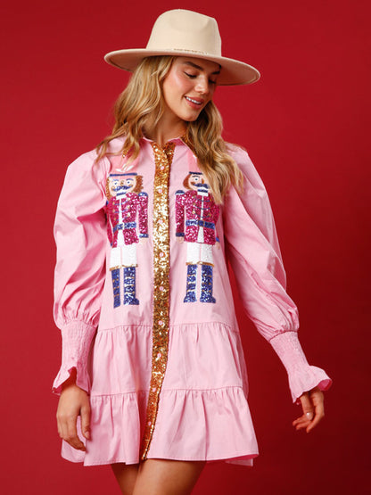 Xmas Dresses- Seasonal Sparkle Christmas Long Sleeve Sequin Patchwork Xmas Dress- Pink- Pekosa Women Clothing