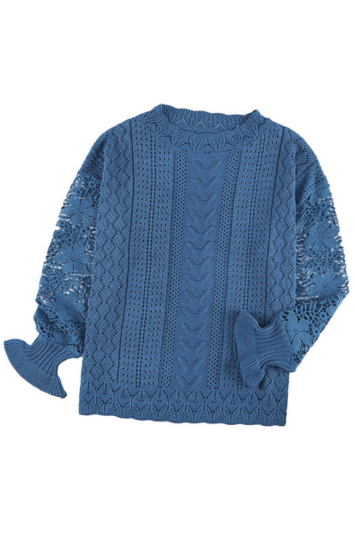 Crochet Sweaters- Cotton Blend Wool Knit Crew Neck Bishop Sleeve Sweater- - Pekosa Women Clothing