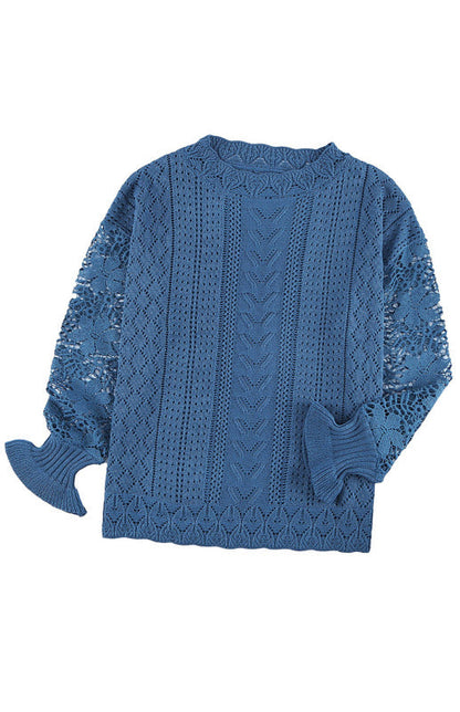Crochet Sweaters- Cotton Blend Wool Knit Crew Neck Bishop Sleeve Sweater- - Pekosa Women Clothing