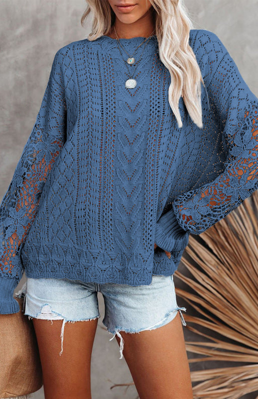 Crochet Sweaters- Cotton Blend Wool Knit Crew Neck Bishop Sleeve Sweater- - Pekosa Women Clothing