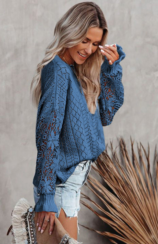 Crochet Sweaters- Cotton Blend Wool Knit Crew Neck Bishop Sleeve Sweater- - Pekosa Women Clothing