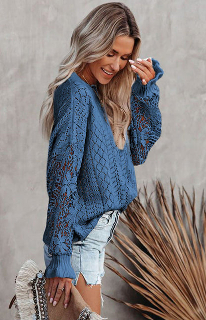 Crochet Sweaters- Cotton Blend Wool Knit Crew Neck Bishop Sleeve Sweater- - Pekosa Women Clothing
