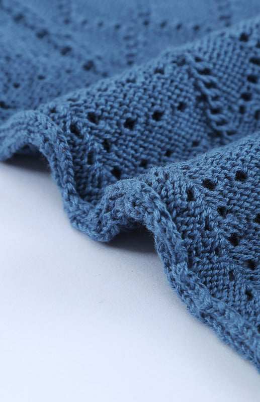 Crochet Sweaters- Cotton Blend Wool Knit Crew Neck Bishop Sleeve Sweater- - Pekosa Women Clothing