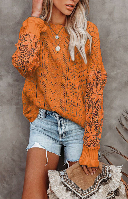 Crochet Sweaters- Cotton Blend Wool Knit Crew Neck Bishop Sleeve Sweater- - Pekosa Women Clothing