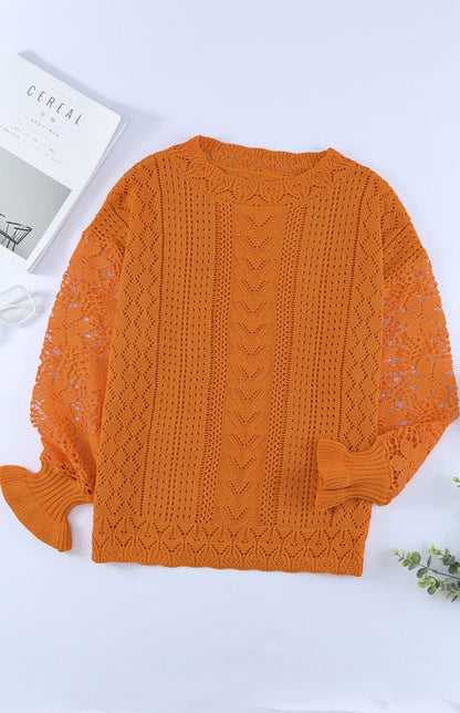 Crochet Sweaters- Cotton Blend Wool Knit Crew Neck Bishop Sleeve Sweater- - Pekosa Women Clothing