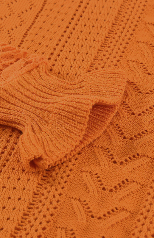 Crochet Sweaters- Cotton Blend Wool Knit Crew Neck Bishop Sleeve Sweater- - Pekosa Women Clothing