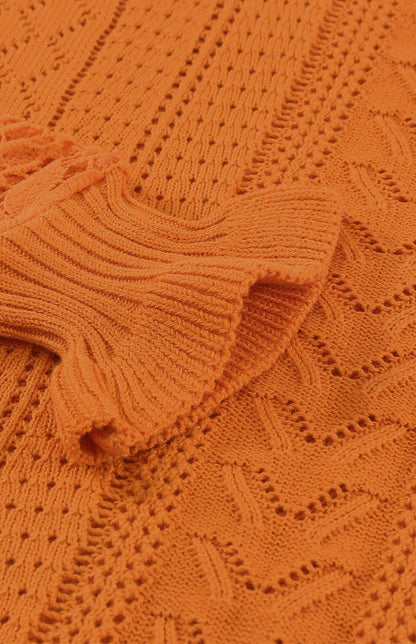 Crochet Sweaters- Cotton Blend Wool Knit Crew Neck Bishop Sleeve Sweater- - Pekosa Women Clothing