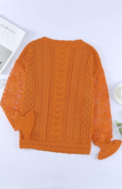 Crochet Sweaters- Cotton Blend Wool Knit Crew Neck Bishop Sleeve Sweater- - Pekosa Women Clothing