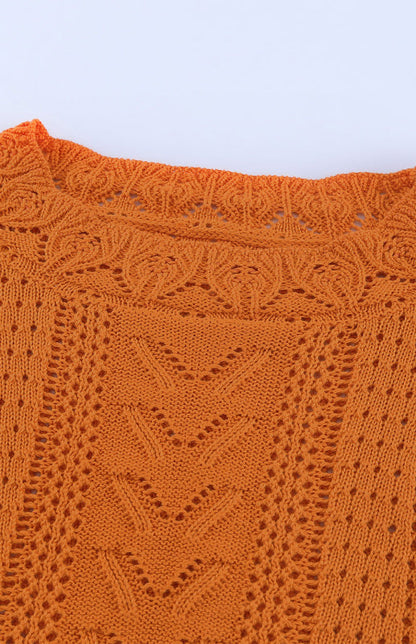 Crochet Sweaters- Cotton Blend Wool Knit Crew Neck Bishop Sleeve Sweater- - Pekosa Women Clothing