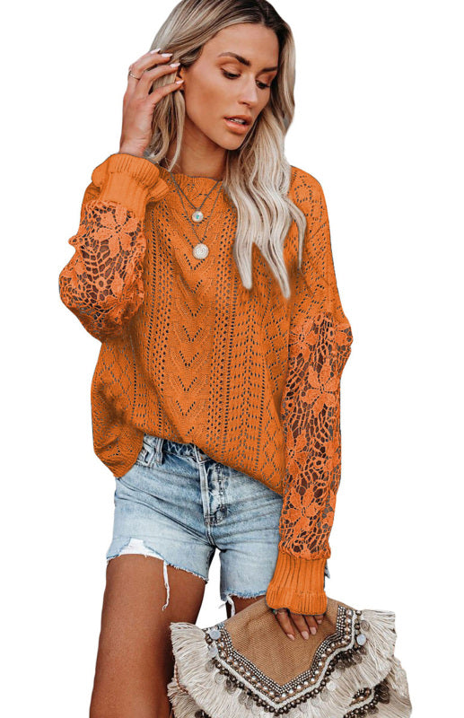 Crochet Sweaters- Cotton Blend Wool Knit Crew Neck Bishop Sleeve Sweater- - Pekosa Women Clothing