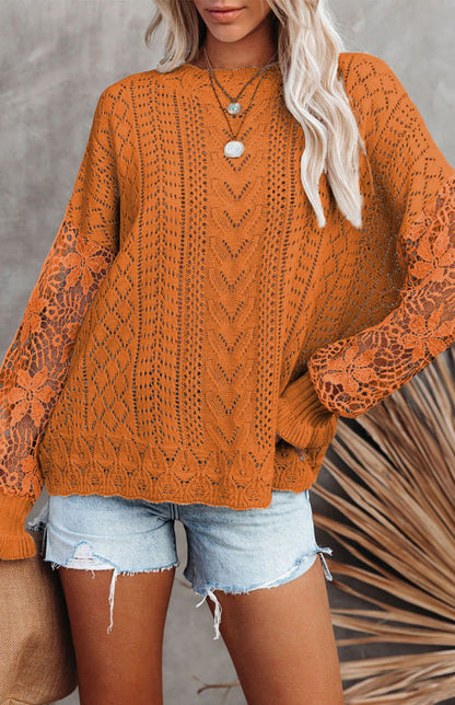 Crochet Sweaters- Cotton Blend Wool Knit Crew Neck Bishop Sleeve Sweater- Ginger yellow- Pekosa Women Clothing
