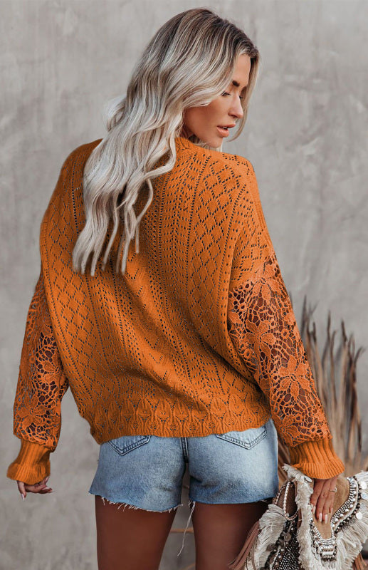 Crochet Sweaters- Cotton Blend Wool Knit Crew Neck Bishop Sleeve Sweater- - Pekosa Women Clothing