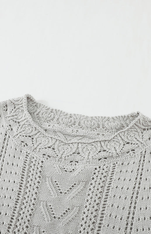Crochet Sweaters- Cotton Blend Wool Knit Crew Neck Bishop Sleeve Sweater- - Pekosa Women Clothing