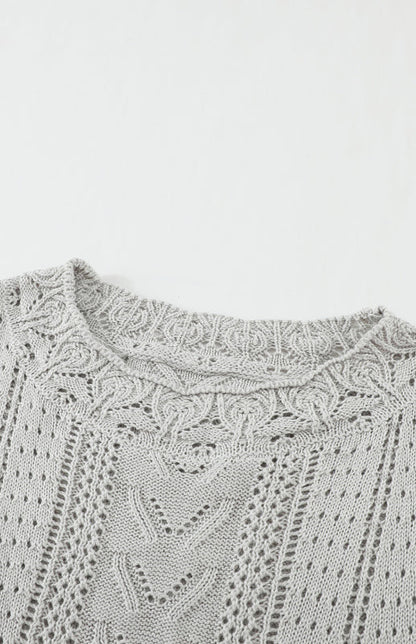 Crochet Sweaters- Cotton Blend Wool Knit Crew Neck Bishop Sleeve Sweater- - Pekosa Women Clothing