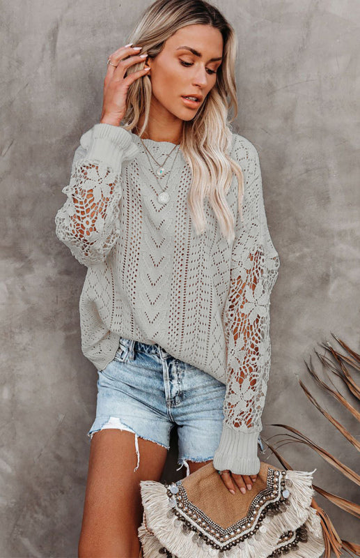 Crochet Sweaters- Cotton Blend Wool Knit Crew Neck Bishop Sleeve Sweater- Grey- Pekosa Women Clothing