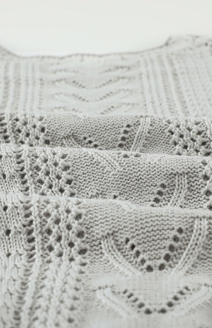 Crochet Sweaters- Cotton Blend Wool Knit Crew Neck Bishop Sleeve Sweater- - Pekosa Women Clothing